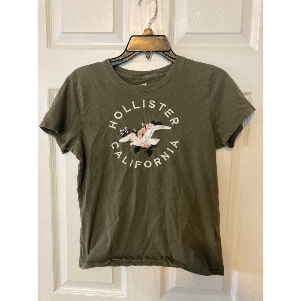 Hollister California Graphic Tee Olive Green Floral Seagull Logo Shirt Small